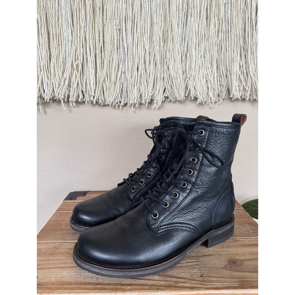 Frye Shoes - Frye Veronica Flex Combat Black Pebbled Leather Lace Front Ankle Boots Size 8